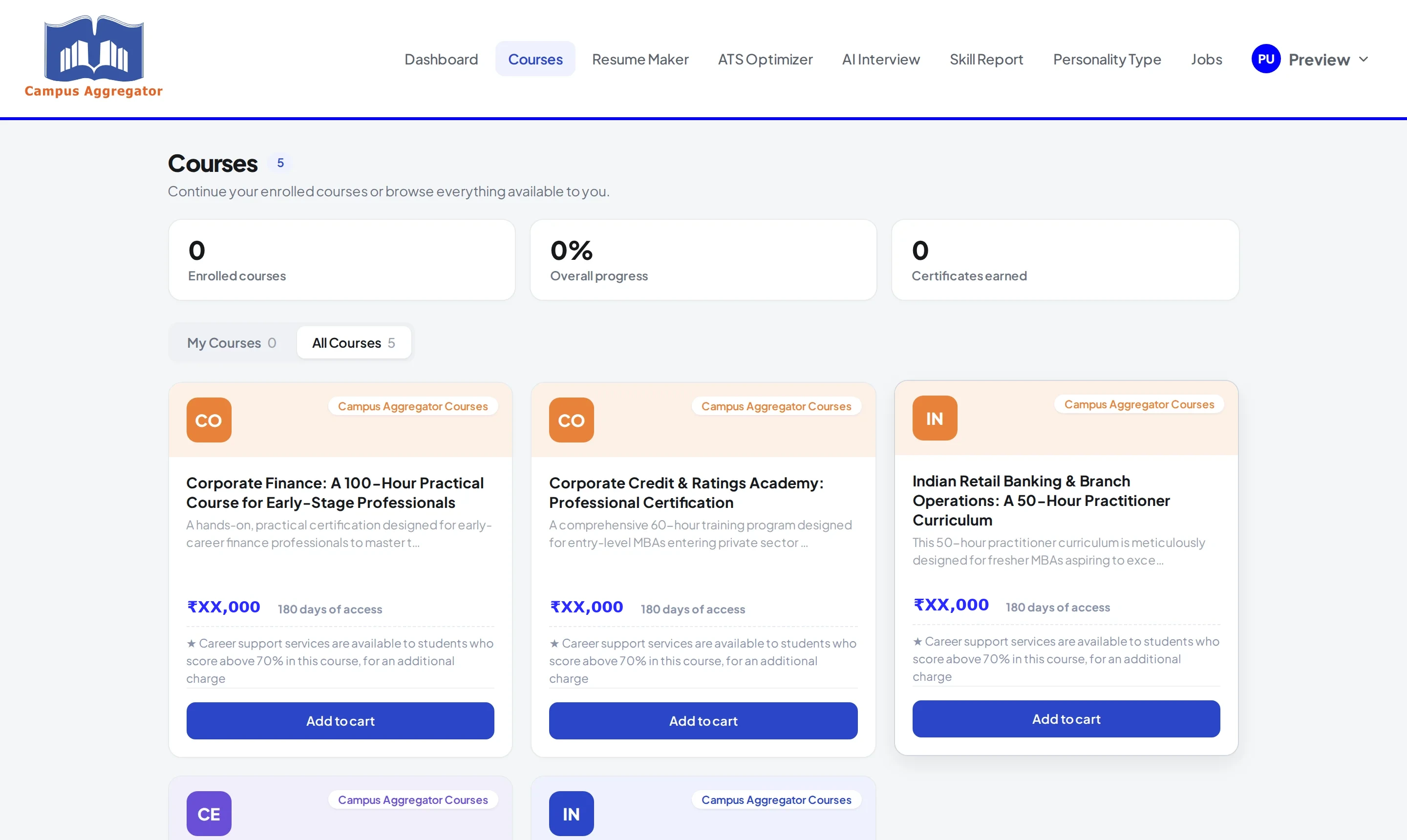 Campus Aggregator Connect courses page showing finance certification programmes with prices and access duration